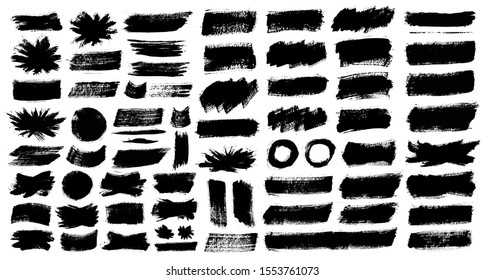 Brush strokes. Vector paintbrushes set. Grunge design elements. Rectangle text boxes, round speech bubbles. Dirty distress texture banners. Ink splatters. Grungy painted bursts.