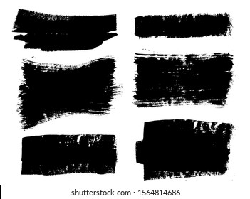 Brush strokes. Vector paintbrushes set. Grunge design elements. Rectangle text boxes, long speech bubbles. Dirty distress texture banners. Ink splatters. Grungy painted bursts.
