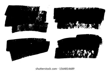 Brush strokes. Vector paintbrushes set. Grunge design elements. Rectangle text boxes, long speech bubbles. Dirty distress texture banners. Ink splatters. Grungy painted bursts.