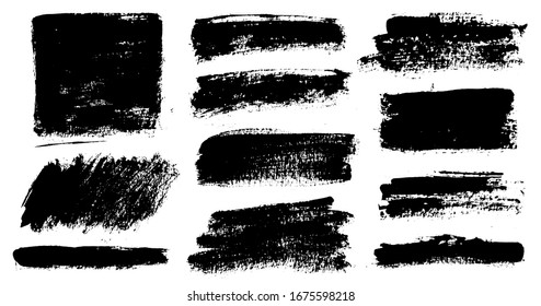 Brush strokes. Vector paintbrushes set. Grunge design elements. Rectangle text boxes, speech bubbles. Dirty distress texture banners. Ink splatters. Grungy painted texture.