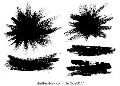 Brush strokes. Vector paintbrushes set. Grungy painted bursts. Grunge design elements. Rectangle text boxes, round speech bubbles. Dirty distress texture banners. Ink splatters. Explosion shapes