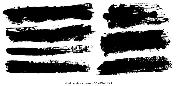 Pulsaciones de pincel. Pinceles vectoriales montados. Elementos de diseño gruesos. Cuadro de texto Rectángulo, burbujas de voz. Pancartas sucias de textura de distrés. Placas de tinta. Textura pintada con nitidez.