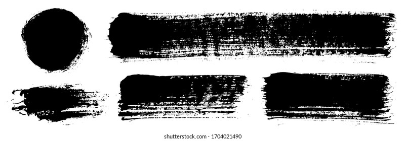 Brush strokes. Vector paintbrushes set. Grunge design elements. Rectangle text boxes, speech bubbles. Dirty distress texture banners. Ink splatters. Grungy painted texture.