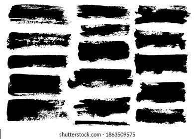 Brush strokes. Vector paintbrushes set. Grunge design elements. Rectangle text boxes, speech bubbles. Dirty distress texture banners. Ink splatters. Grungy painted texture.