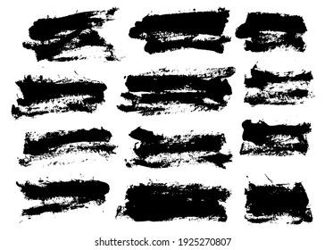 Brush strokes. Vector paintbrushes set. Grunge design elements. Rectangle text boxes, speech bubbles. Dirty distress texture banners. Ink splatters. Grungy painted texture.