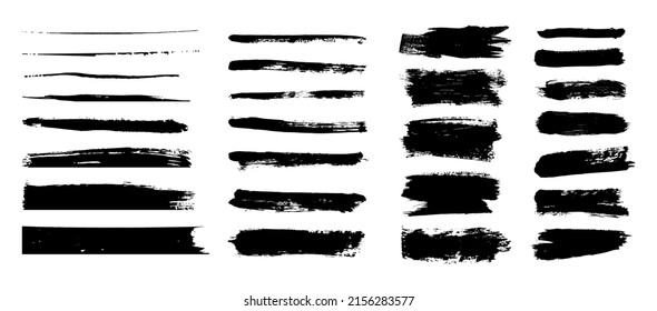 Brush strokes. Vector paintbrushes set. Grunge design elements. Rectangle text boxes, ink brush stroke. Dirty distress texture banners. Ink splatters. Grungy painted texture isolated on white