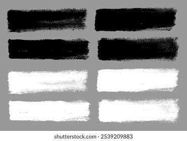 Vetor de traçados de pincel. Coleção de banners de linha e retângulo pintados. Fundo grunge longo e largo. Elementos de design de textura de grãos. Opções de pincel em preto-e-branco