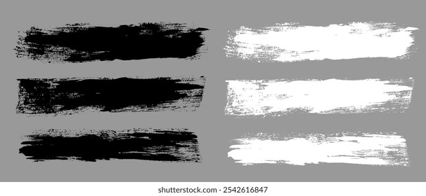 Brush strokes vector. Painted line and rectangle banners collection. Long and wide grunge backgrounds. Grain texture design elements. Black and white brush options