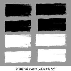 Brush strokes vector. Painted rectangle banners collection. Grunge square backgrounds. Grain texture design elements. Black and white brush options