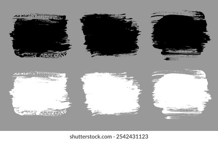Brush strokes vector. Painted rectangle banners collection. Grunge square backgrounds. Grain texture design elements. Black and white brush options