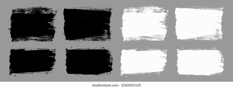 Vetor de traçados de pincel. Coleção de banners de retângulo pintados. Fundo quadrado do Grunge. Elementos de design de textura de grãos. Opções de pincel em preto-e-branco