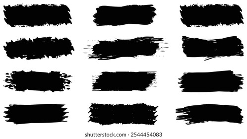 Pinceladas Vector. Colección de rectángulos pintados. Grunge largos cuadros de texto o fondos texturizados. Pinceladas negras. Conjunto de rayas negras de pintura grunge. conjunto de fondos dibujados a mano.