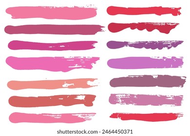 Vector de pinceladas. Fondos púrpura, rojo y rosa. Trazos de lápiz labial o esmalte de uñas. Elementos de diseño Grunge. Anuncios de textura de pincel de maquillaje. Objetos largos pintados