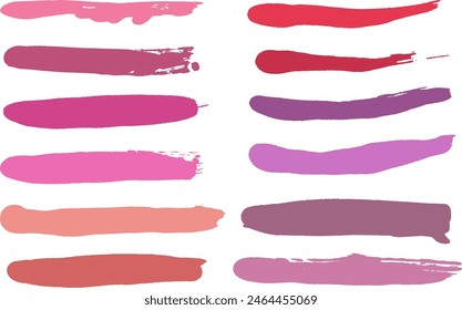 Brush strokes vector. Purple, red and pink backgrounds. Lipstick or nail polish strokes. Grunge design elements. Makeup brush texture banners. Long painted objects