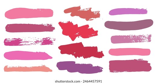 Brush strokes vector. Purple, red and pink backgrounds. Lipstick or nail polish strokes. Grunge design elements. Makeup brush texture banners. Long painted objects and diagonal zigzag strokes