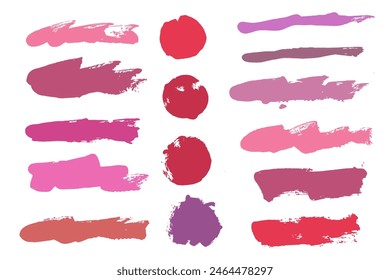 Vector de pinceladas. Fondos púrpura, rojo y rosa. Trazos de lápiz labial o esmalte de uñas y Formas pintadas redondas. Elementos de diseño Grunge. Anuncios de textura de pincel de maquillaje. Objetos largos pintados