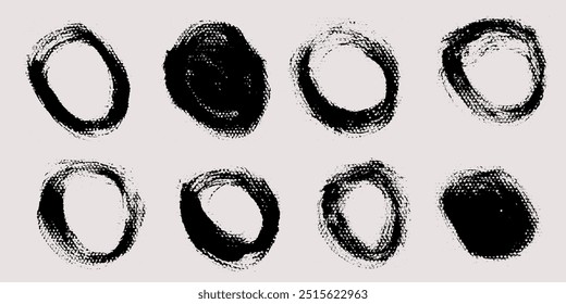 Vetor de traçados de pincel. Coleção redonda de formas pintadas. Conjunto de quadros de círculo do Grunge.

As imagens são criadas sem o uso de qualquer software de inteligência artificial em qualquer estágio