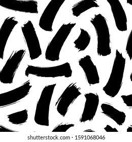 Brush strokes vector seamless pattern in memphis style. Full rounded lines and smears. Black and white mosaic texture. Hand drawn grunge ink illustration. Geometric black paint seamless pattern.
