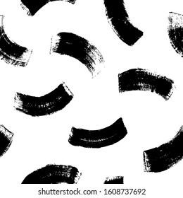 Brush strokes vector seamless pattern in memphis style. Full rounded lines and smears. Black and white mosaic texture. Hand drawn grunge ink illustration. Geometric black paint seamless pattern.