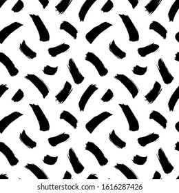 Brush strokes vector seamless pattern in memphis style. Rounded lines and smears. Black and white mosaic texture. Hand drawn grunge ink illustration. Geometric black paint seamless pattern.