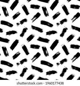 Brush strokes vector seamless pattern. Black paint freehand scribbles, straight lines, dry brushstroke texture. Chaotic rough smears. Black and white mosaic texture. Hand drawn grunge ink illustration