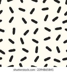 Brush strokes vector seamless pattern in memphis style. Black dashes, lines, squiggles background. Simple hand drawn wallpaper print texture