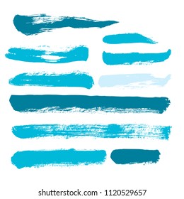 brush strokes vector set backgrounds. Artistic lines grunge collection boxes, frames for text. Set of blue grungy hand painted brush strokes isolated on white. Abstract ink texture