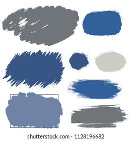 brush strokes vector set backgrounds. Artistic lines grunge collection boxes, frames for text. Set of blue grungy hand painted brush strokes isolated on white. Abstract ink texture stains