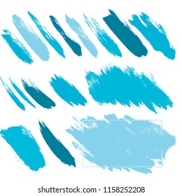 brush strokes vector set backgrounds. Artistic lines grunge collection boxes, frames for text. Set of blue grungy hand painted brush strokes isolated on white. Abstract ink texture stains
