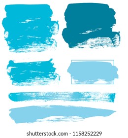 brush strokes vector set backgrounds. Artistic lines grunge collection boxes, frames for text. Set of blue grungy hand painted brush strokes isolated on white. Abstract ink texture stains