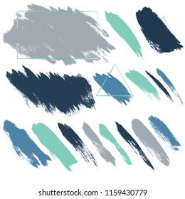 brush strokes vector set backgrounds. Artistic lines grunge collection boxes, frames for text. Set of blue grungy hand painted brush strokes isolated on white. Abstract ink texture stains