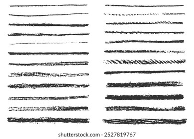 Juego de Vector de pinceladas. El crayón y la tiza subrayan las marcas dibujadas a mano. El bolígrafo y el lápiz dibujan garabatos. Textura de carbón rayas finas sobre fondo blanco