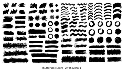 Brush strokes vector. Set of rectangle and round text boxes. Paintbrush collection. Grunge design elements. Paint texture banners. Painted zen circles, curves, waves