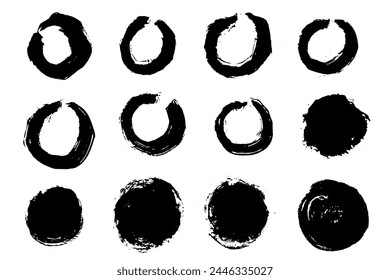 Brush strokes vector. Set of round text boxes and frames. Grunge zen circle design elements. Dirty brush texture banners. Painted incomplete or unfinished circles and rounds