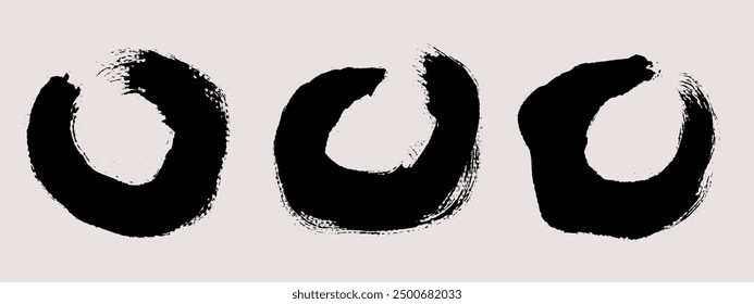 Brush strokes vector. Set of round text boxes and enso shapes. Torn zen circles. Grunge design elements. Dirty brush texture banners. Painted circles