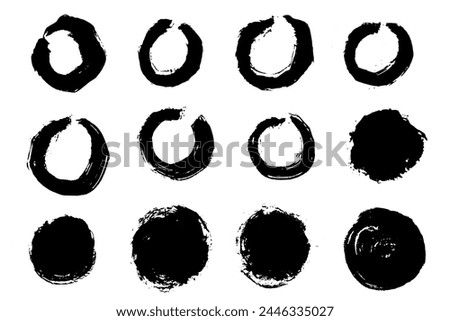 Brush strokes vector. Set of round text boxes and frames. Grunge zen circle design elements. Dirty brush texture banners. Painted incomplete or unfinished circles and rounds