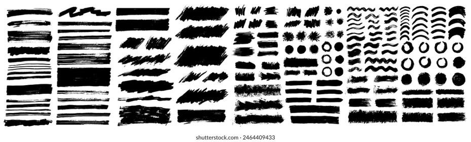 Brush strokes vector. Set of text boxes. Paintbrush collection. Grunge design elements. Dirty texture banners. Painted rectangles, long lines, round frames, diagonal strokes, painted waves and curves