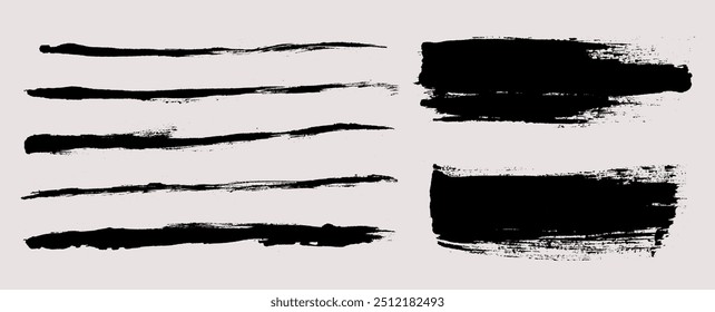 Pinselstriche, Vektor. Textfeldsatz. Paintbrush-Sammlung. Grunge Design-Elemente. Schmutzige Texturbanner. Gemalte Rechtecke und lange Striche