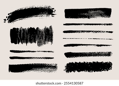 Brush strokes vector. Set of text boxes. Paintbrush collection. Grunge design elements. Dirty grain texture banners. Painted rectangles, diagonal and long strokes