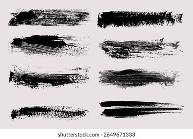 Vetor de traçados de pincel. Conjunto de caixas de texto. Coleção Paintbrush. Elementos de design Grunge. Bandeiras de textura suja. Retângulos pintados e traçados longos