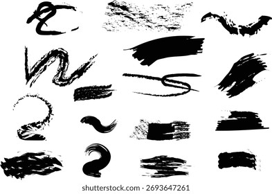 Pinceladas Vector. Conjunto de cuadros de texto. Colección de pincel. Elementos de diseño Grunge. Anuncios de textura de pincel. Pintado redondo, círculo, rectangular, trazos largos y diagonales