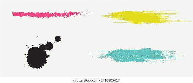 Vetor de traçados de pincel. amarelo, azul, azul escuro, planos de fundo. Conjunto colorido de caixas de texto. Coleção Paintbrush. Bandeiras de textura de pincel sujo. Objetos pintados retangulares.eps8