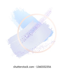 Brush strokes in violet tones and blue gold line circle frame on a white background. Abstract vector background. 