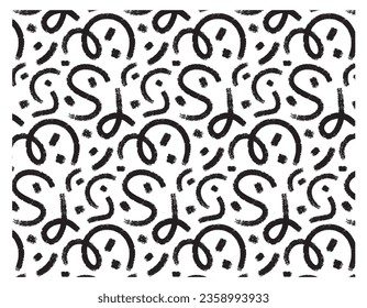 brush strokes waves, spots, doodles vector seamless pattern. Freehand scribble with black paint brush, abstract ink background. Strokes, strokes, lines, wavy pattern. Abstract wallpaper design
