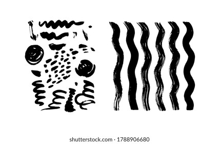 Brush strokes, zebra stripes isolated. Ink painting. Cute, funny sketch. Children, kids hand drawing. Geometric elements. Set collection. Vector. Black and white, monochrome. Trendy artwork, print