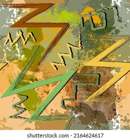 Brush strokes zigzag textured seamless pattern. Doodle zig zag lines watercolor background. Grunge abstract dirty backdrop. Brush strokes, doodles, signs. Spotted rough texture in green yellow colors.