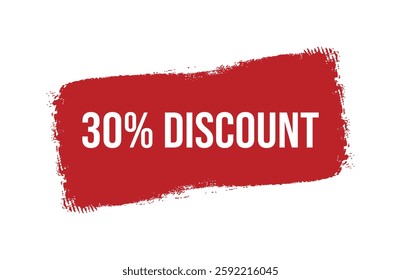 Brush style 30% discount red banner design isolated on white background.