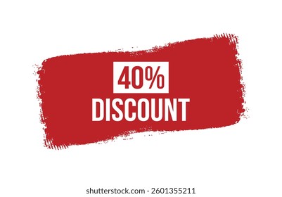 Brush style 40% discount red banner design isolated on white background.