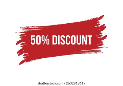 Brush style 50% discount red banner design isolated on white background.
