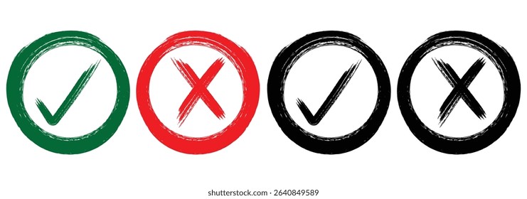 Brush Style Check Mark and Cross Symbols. Vote, yes, no, checkbox, checklist, tick and cross signs, v and x drawn concept.